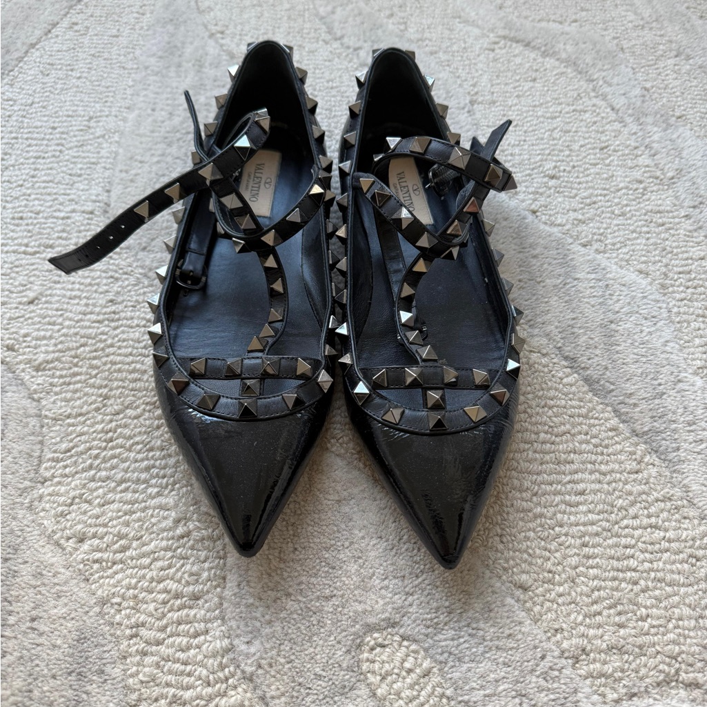 Valentino Garavani Black Patent Rockstud Pointed Mary Jane Flats
